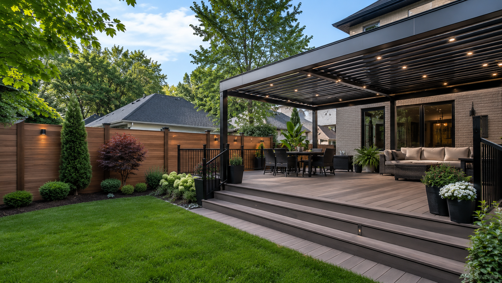 Deck with pergola canopy and privacy fence